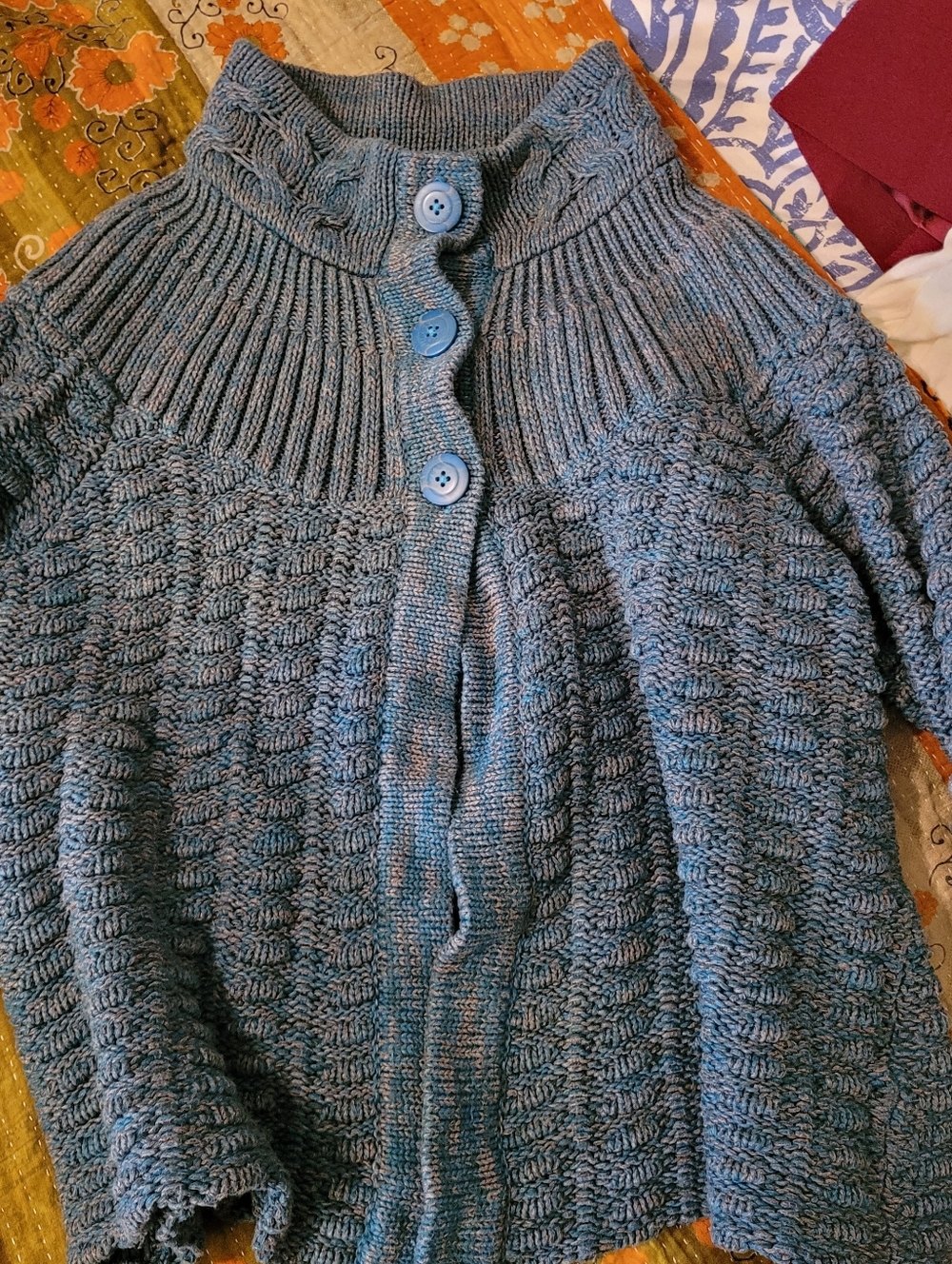 Short Sleeved, 100% Cotton,  SLATE Blue Knit Button-Front Women's Cardigan, XL